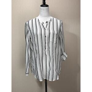 Lucky Brand 3/4 Sleeves Striped Blouse White Gray Size Medium Pullover Button
